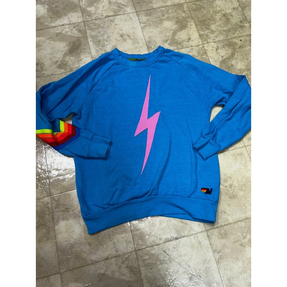 Aviator Nation Blue Crewneck with Pink Bolt Neon Chevron Stripes Size Medium